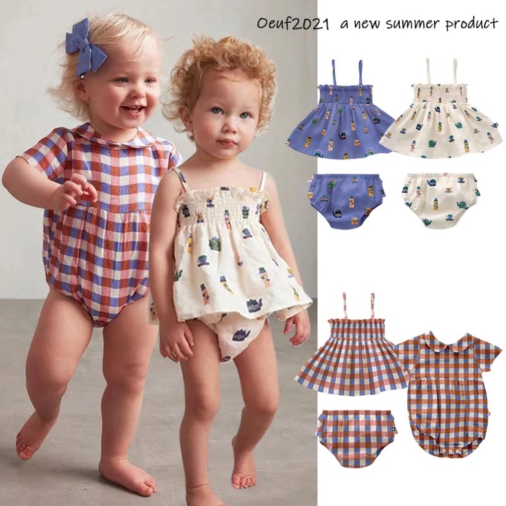 Oeuf linen checkered onesie with Peter Pan collar